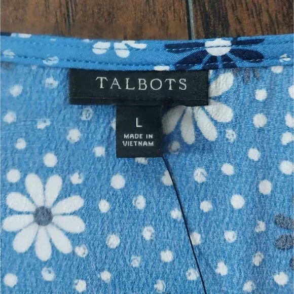 New Talbots Poet Sleeve Blue Daisy Print Wrap Top V Neck Shirt Sz L - Picture 3 of 13